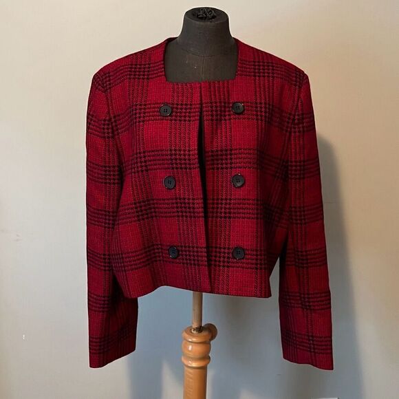 Talbots Women's Red Wool Plaid Square Neck Open Front Cropped Jacket Size 18 - Picture 1 of 12